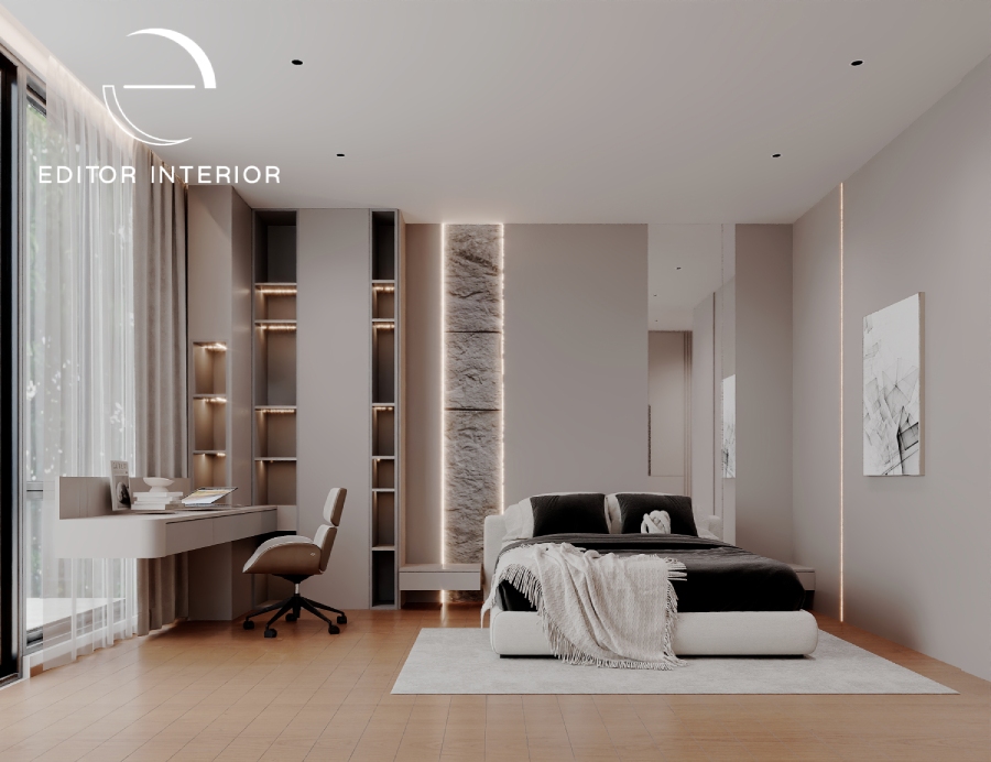 A Guest Bedroom With Textured Stone