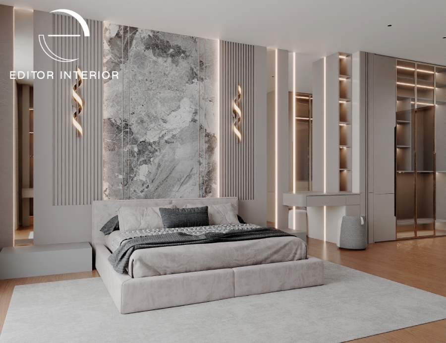 Upstairs: A Master Bedroom With a Stone Headboard Wall