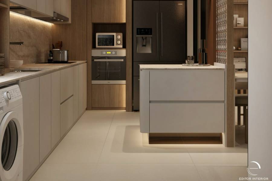 A Kitchen with Timber and Stone in Balance Appliance Wall