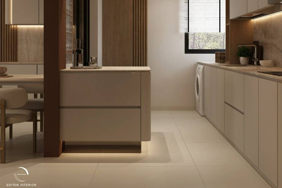 A Kitchen with Timber and Stone in Balance Curved Island