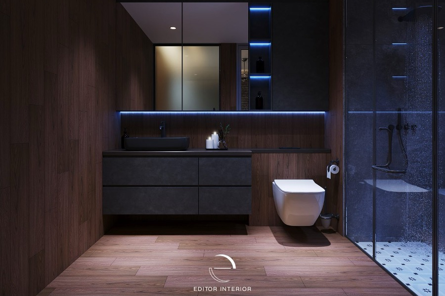 A Walnut-Toned Common Bathroom With Spa Leanings